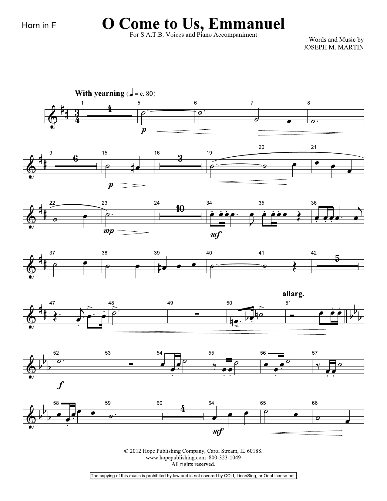 Joseph M. Martin O Come To Us, Emmanuel - Horn sheet music notes and chords arranged for Choir Instrumental Pak