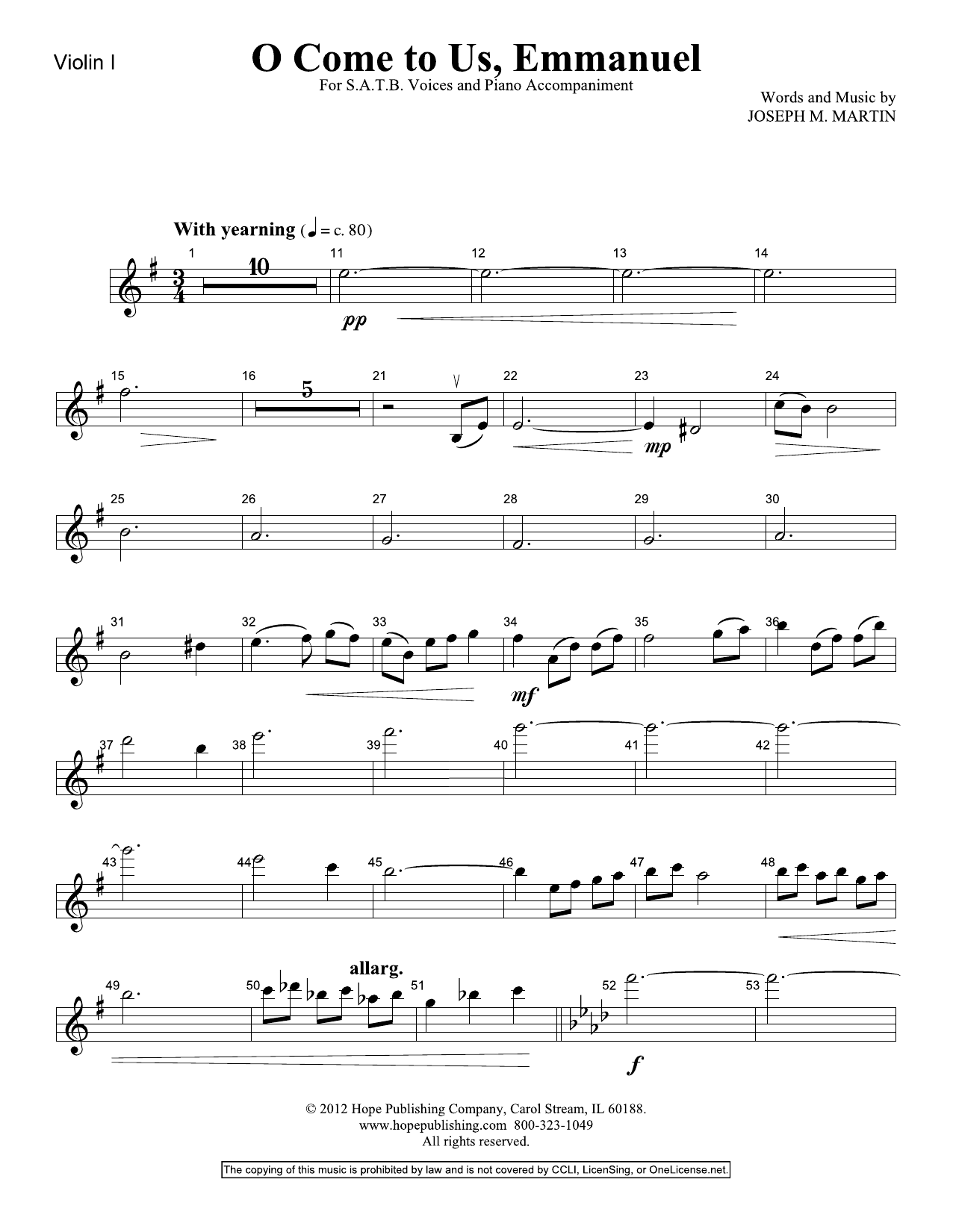 Joseph M. Martin O Come To Us, Emmanuel - Violin 1 sheet music notes and chords arranged for Choir Instrumental Pak