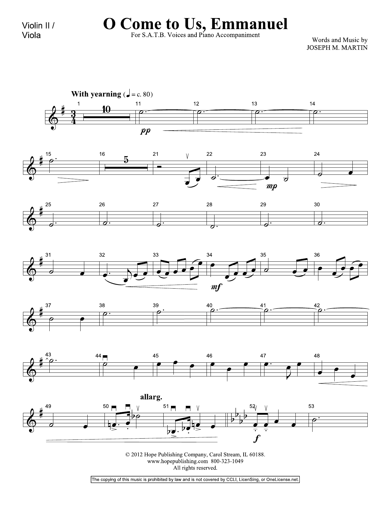 Joseph M. Martin O Come To Us, Emmanuel - Violin 2 sheet music notes and chords arranged for Choir Instrumental Pak