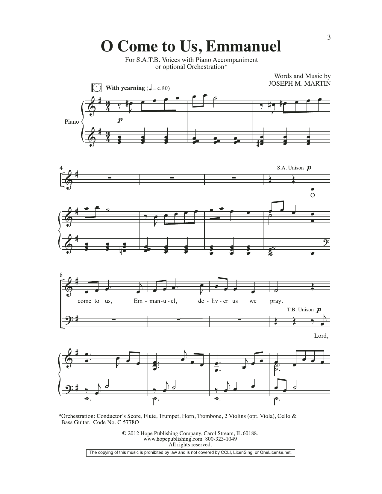 Joseph M. Martin O Come To Us, Emmanuel sheet music notes and chords arranged for Piano & Vocal