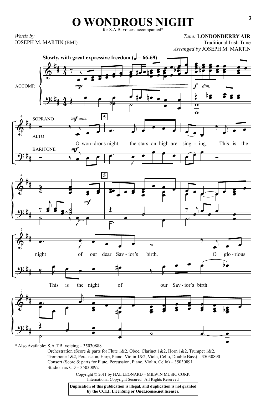 Joseph M. Martin O Wondrous Night sheet music notes and chords arranged for SAB Choir