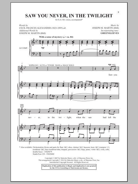 Joseph M. Martin Saw You Never, In The Twilight sheet music notes and chords arranged for SATB Choir
