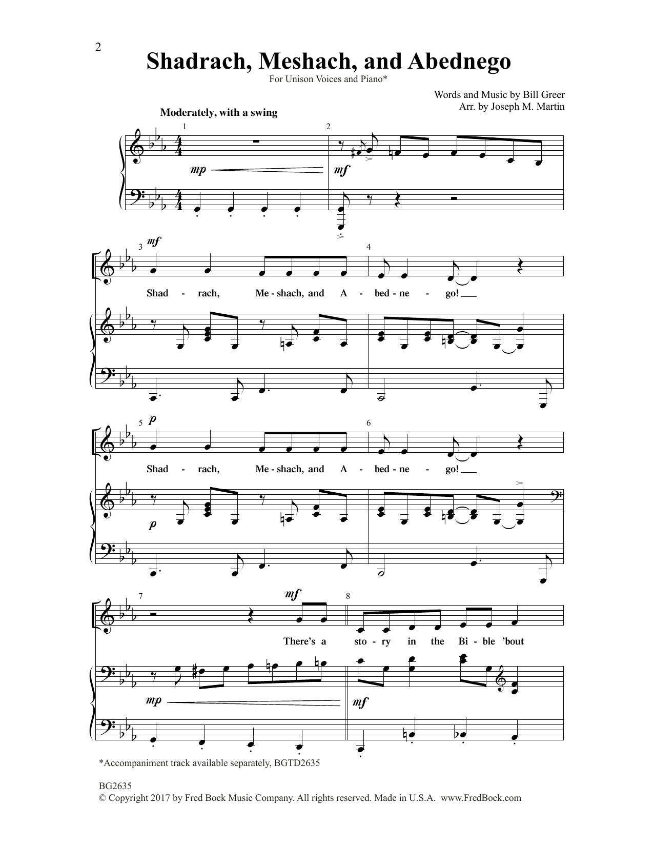 Joseph M. Martin Shadrach, Meshach and Abednego sheet music notes and chords arranged for Unison Choir