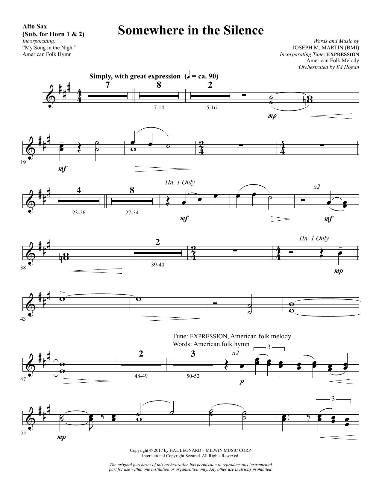 Joseph M. Martin Somewhere in the Silence - Alto Sax 1-2 (sub. Horn 1-2) sheet music notes and chords arranged for Choir Instrumental Pak