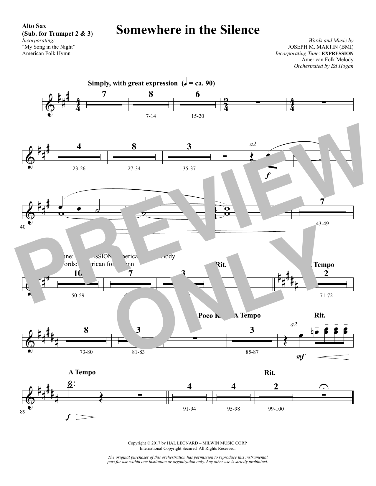 Joseph M. Martin Somewhere in the Silence - Alto Sax (sub. Trumpet 2-3) sheet music notes and chords arranged for Choir Instrumental Pak