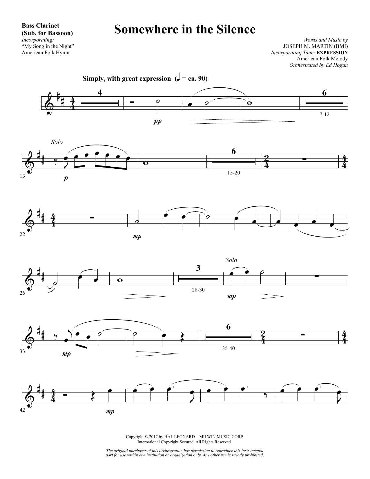 Joseph M. Martin Somewhere in the Silence - Bass Clarinet (sub. Bassoon) sheet music notes and chords arranged for Choir Instrumental Pak