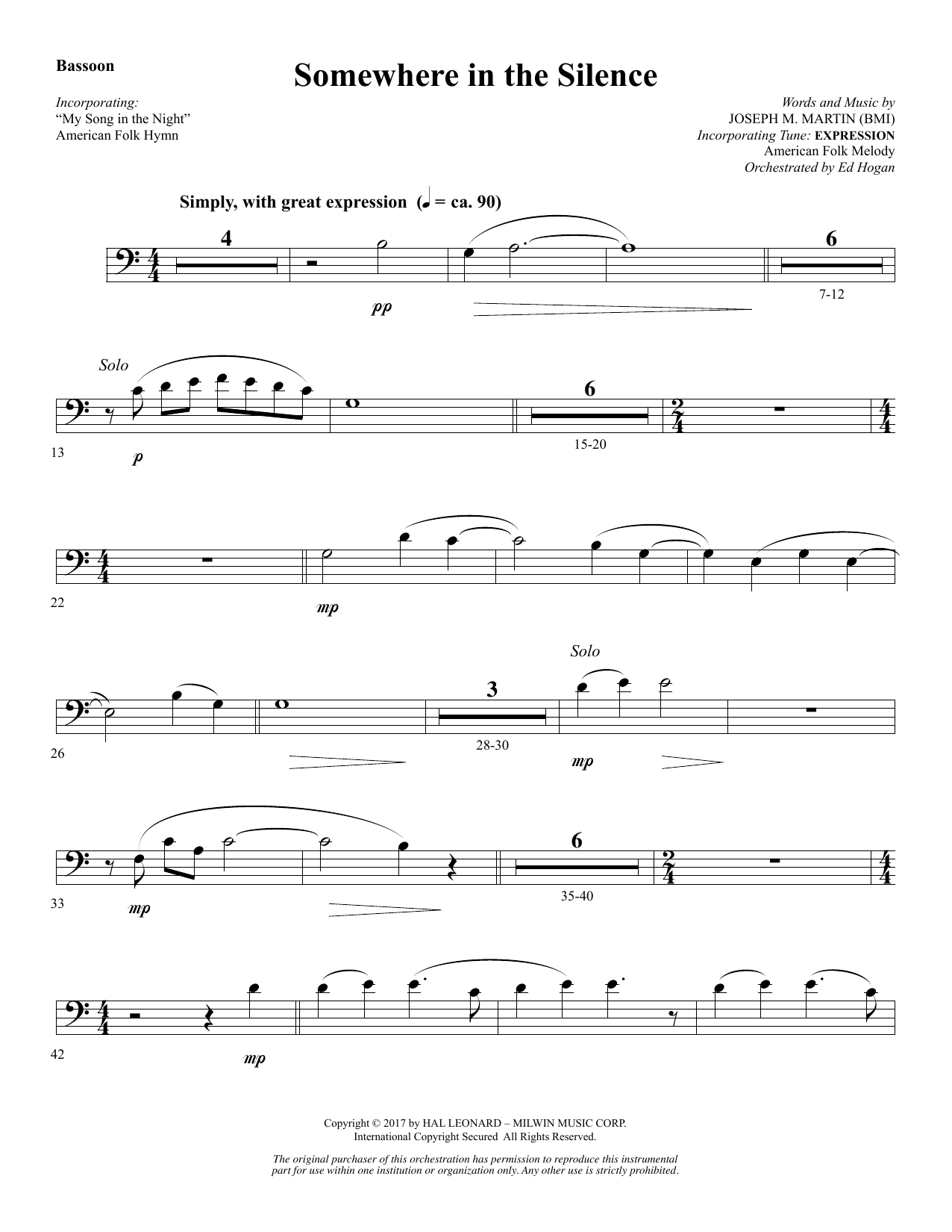 Joseph M. Martin Somewhere in the Silence - Bassoon sheet music notes and chords arranged for Choir Instrumental Pak