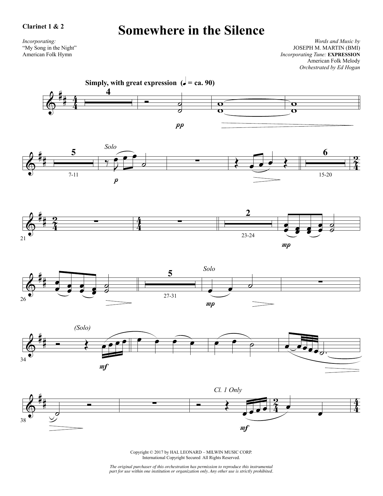 Joseph M. Martin Somewhere in the Silence - Bb Clarinet 1 & 2 sheet music notes and chords arranged for Choir Instrumental Pak