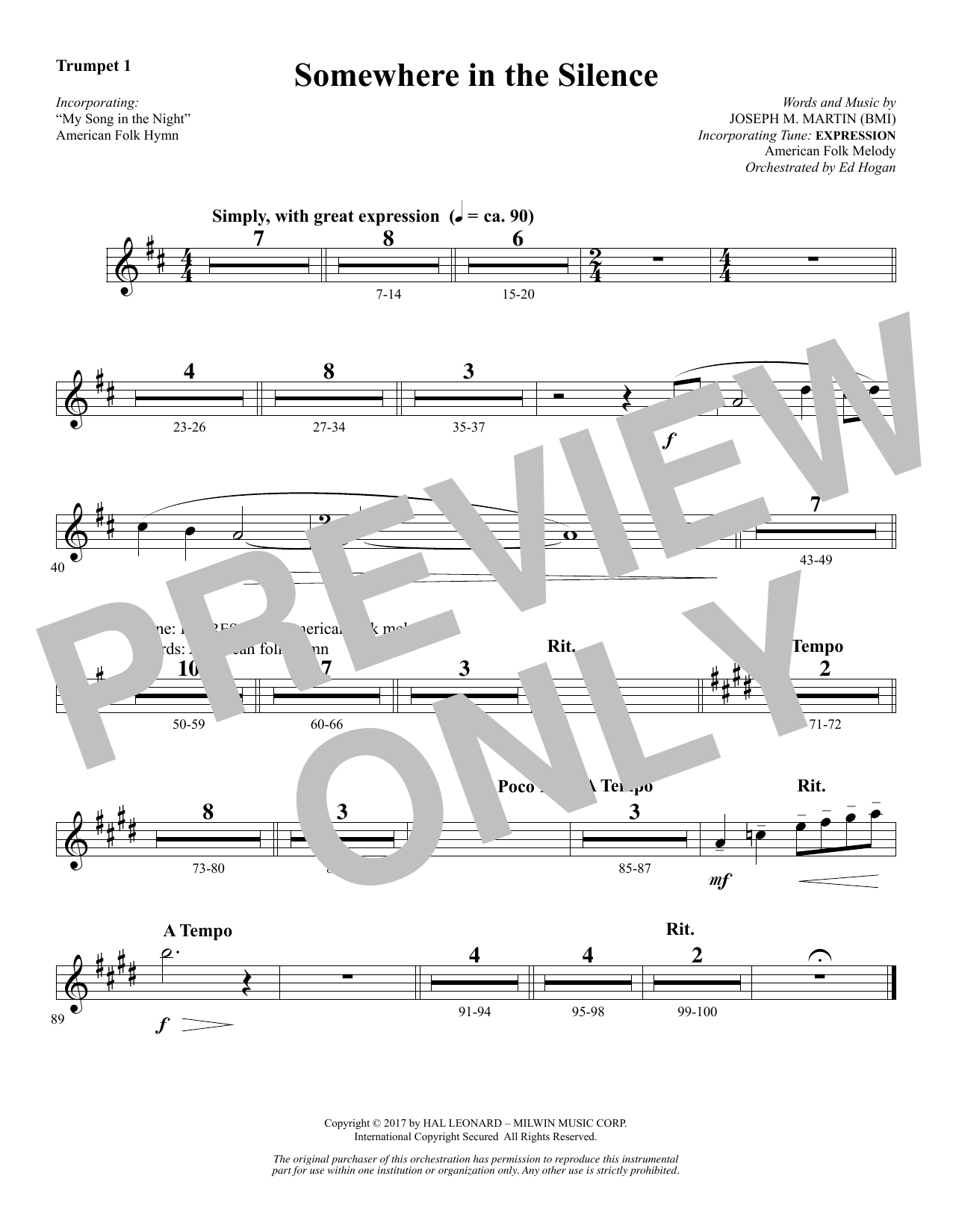 Joseph M. Martin Somewhere in the Silence - Bb Trumpet 1 sheet music notes and chords arranged for Choir Instrumental Pak