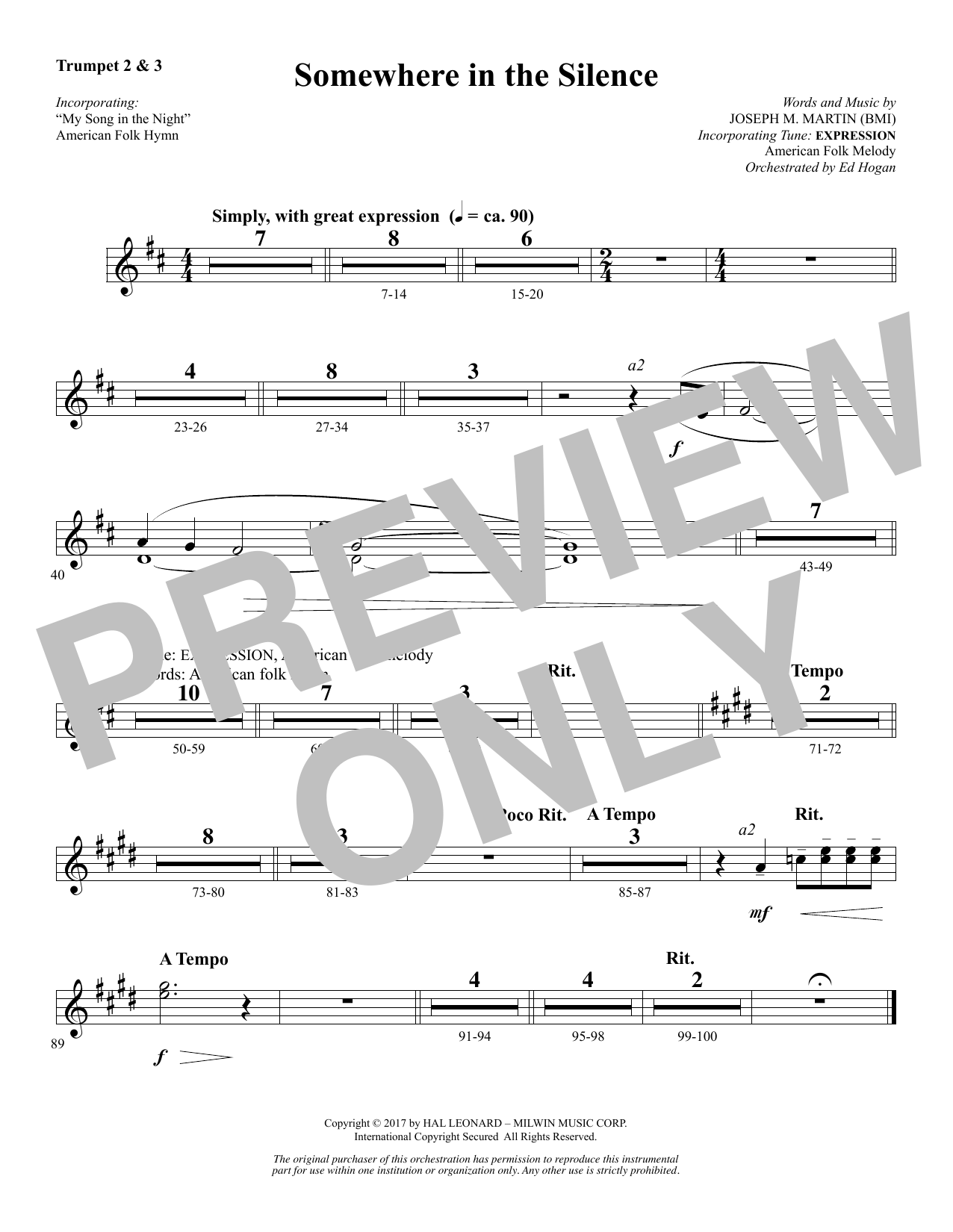 Joseph M. Martin Somewhere in the Silence - Bb Trumpet 2,3 sheet music notes and chords arranged for Choir Instrumental Pak