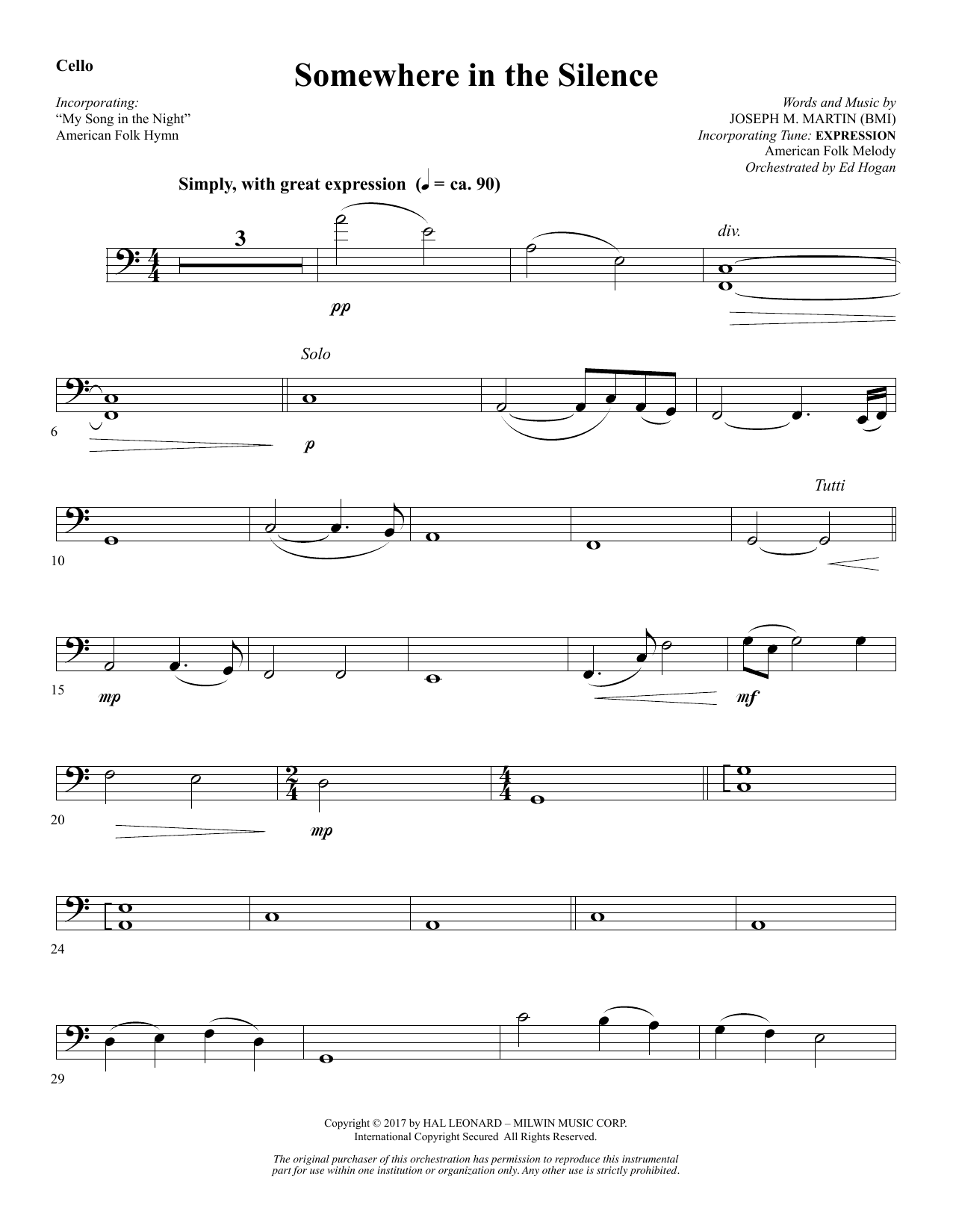Joseph M. Martin Somewhere in the Silence - Cello sheet music notes and chords arranged for Choir Instrumental Pak