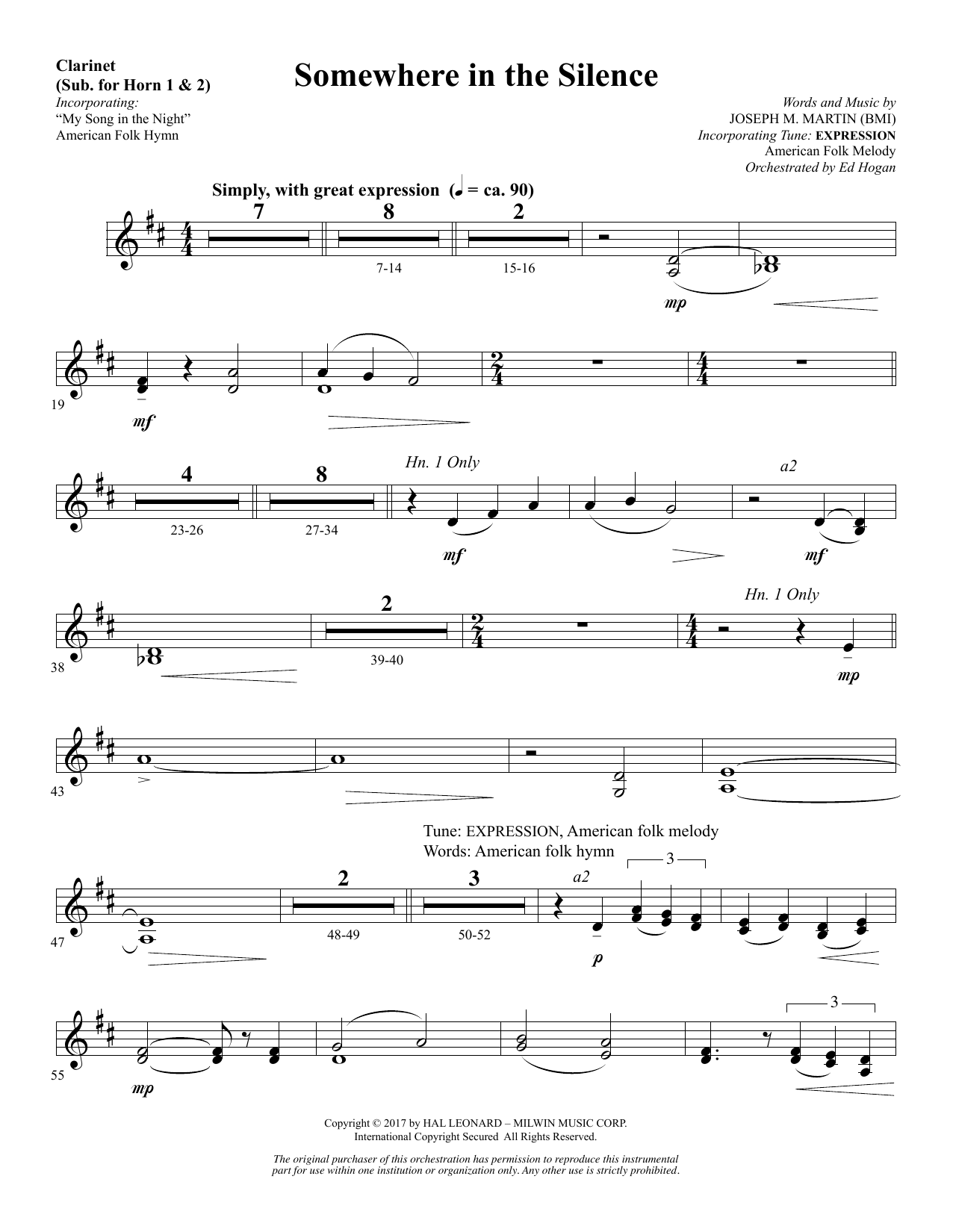 Joseph M. Martin Somewhere in the Silence - Clarinet (sub. Horn 1-2) sheet music notes and chords arranged for Choir Instrumental Pak