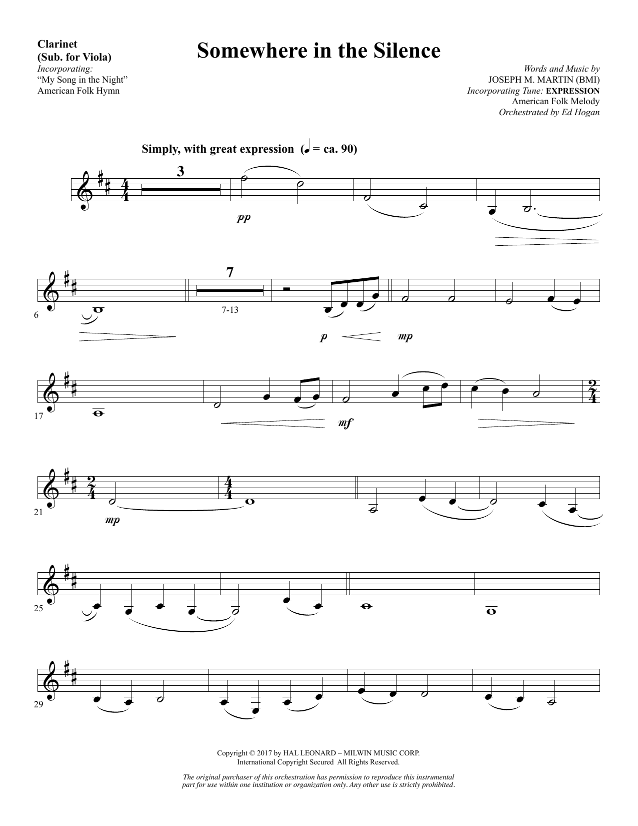 Joseph M. Martin Somewhere in the Silence - Clarinet (sub Viola) sheet music notes and chords arranged for Choir Instrumental Pak
