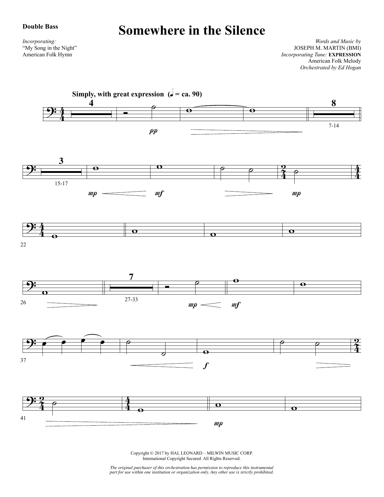 Joseph M. Martin Somewhere in the Silence - Double Bass sheet music notes and chords arranged for Choir Instrumental Pak