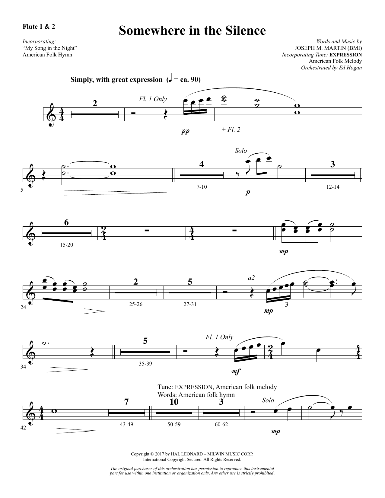 Joseph M. Martin Somewhere in the Silence - Flute 1 & 2 sheet music notes and chords arranged for Choir Instrumental Pak