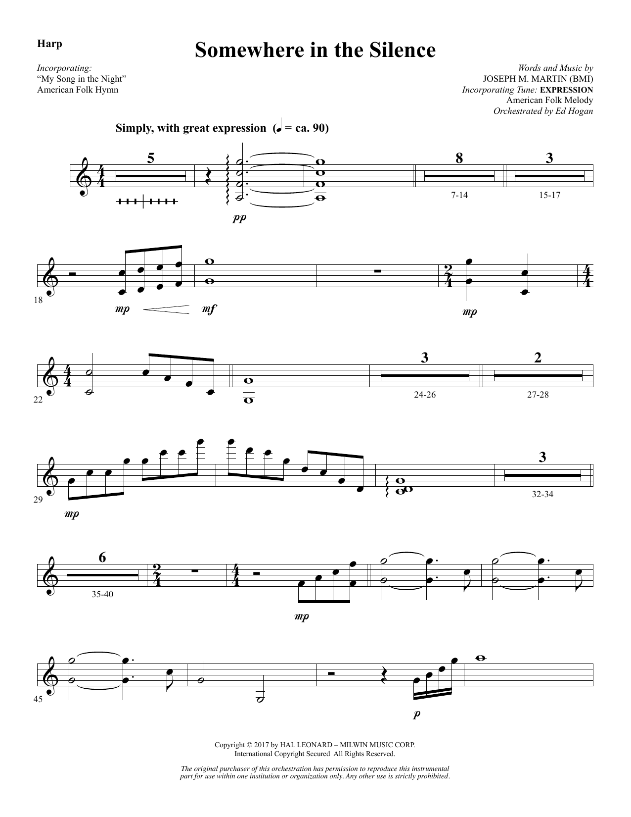 Joseph M. Martin Somewhere in the Silence - Harp sheet music notes and chords arranged for Choir Instrumental Pak
