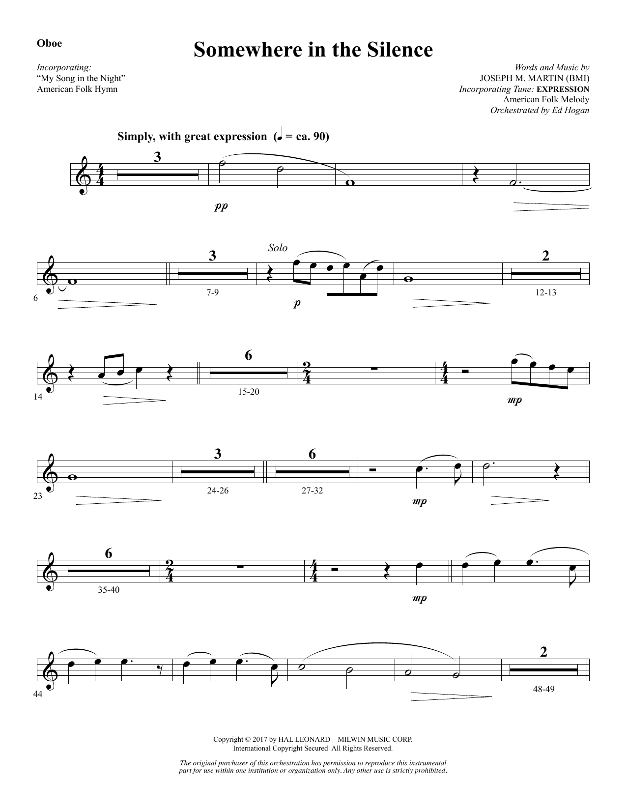Joseph M. Martin Somewhere in the Silence - Oboe sheet music notes and chords arranged for Choir Instrumental Pak