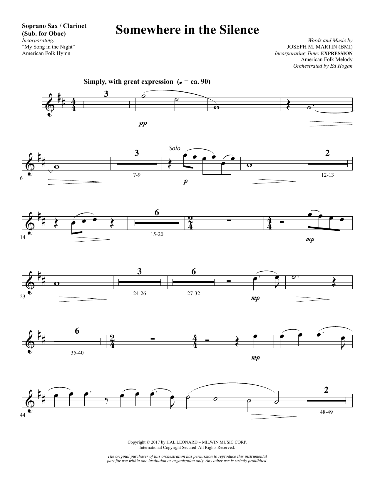Joseph M. Martin Somewhere in the Silence - Soprano Sax/Clarinet(sub oboe) sheet music notes and chords arranged for Choir Instrumental Pak