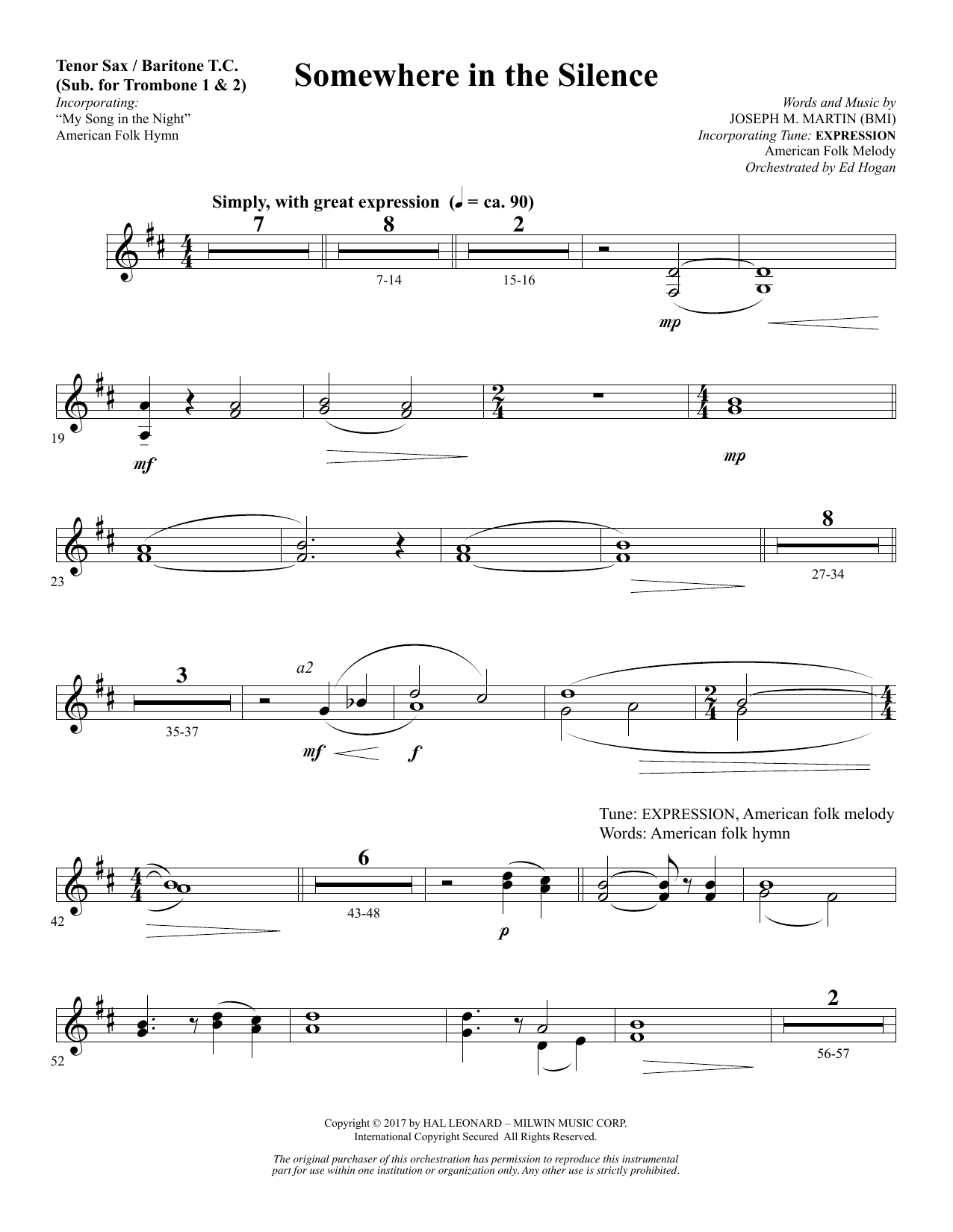 Joseph M. Martin Somewhere in the Silence - Tenor Sax/BariTC (sub Tbn 1-2) sheet music notes and chords arranged for Choir Instrumental Pak