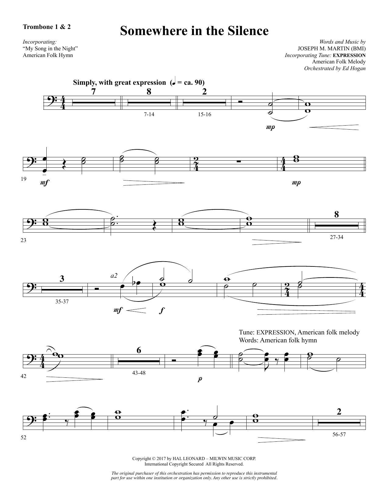 Joseph M. Martin Somewhere in the Silence - Trombone 1 & 2 sheet music notes and chords arranged for Choir Instrumental Pak
