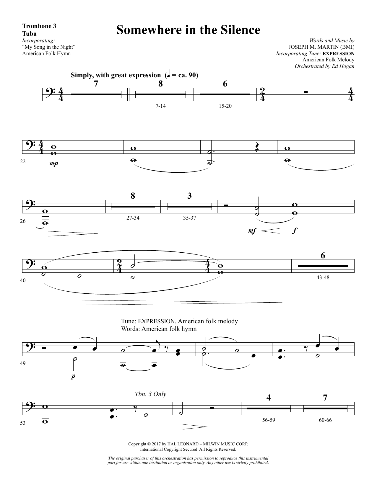 Joseph M. Martin Somewhere in the Silence - Trombone 3/Tuba sheet music notes and chords arranged for Choir Instrumental Pak