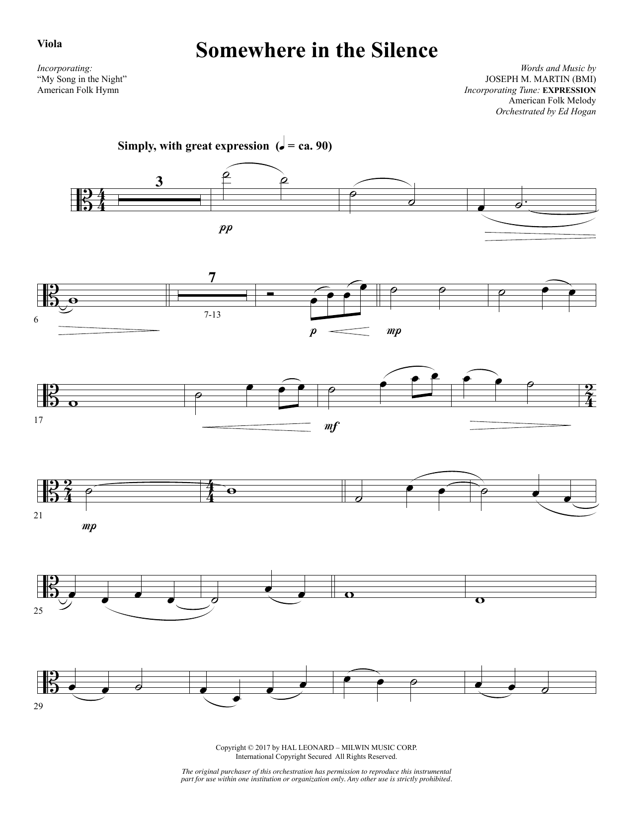 Joseph M. Martin Somewhere in the Silence - Viola sheet music notes and chords arranged for Choir Instrumental Pak