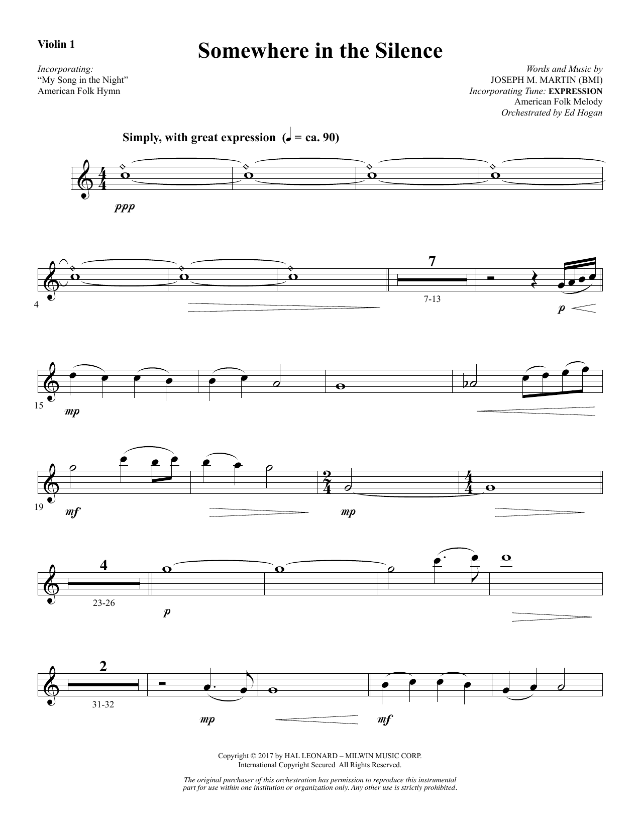 Joseph M. Martin Somewhere in the Silence - Violin 1 sheet music notes and chords arranged for Choir Instrumental Pak