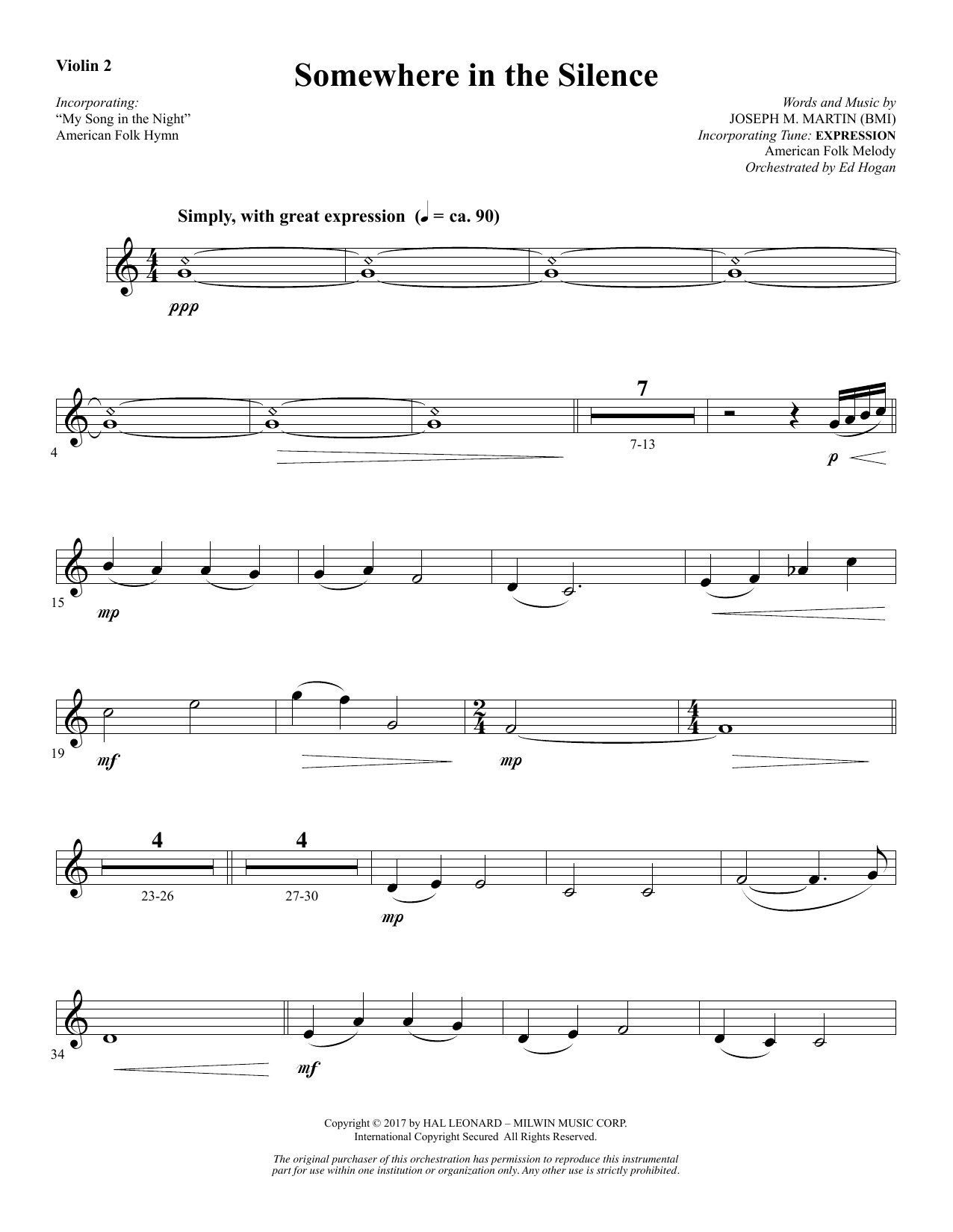 Joseph M. Martin Somewhere in the Silence - Violin 2 sheet music notes and chords arranged for Choir Instrumental Pak