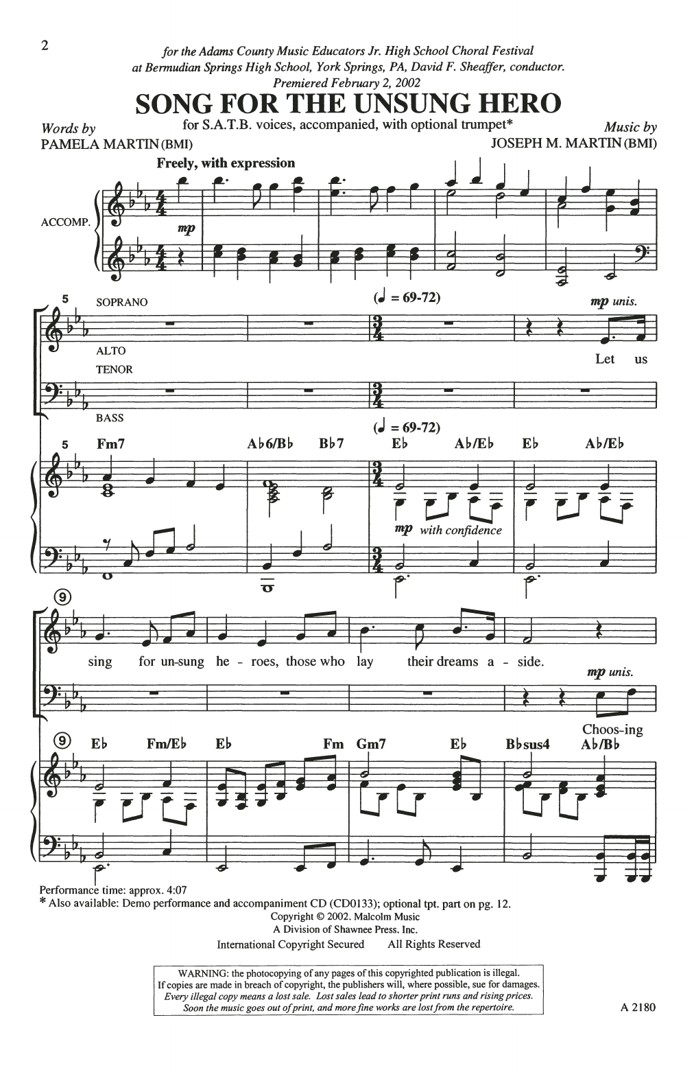 Joseph M. Martin Song For The Unsung Hero sheet music notes and chords arranged for SATB Choir