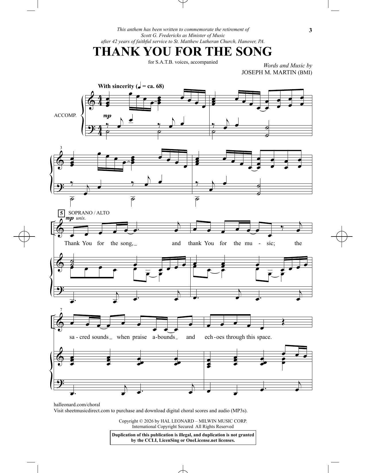 Joseph M. Martin Thank You For The Song sheet music notes and chords arranged for SATB Choir