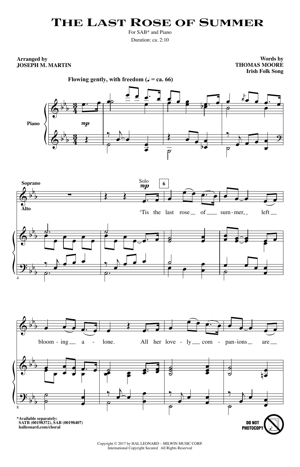 Joseph M. Martin The Last Rose Of Summer sheet music notes and chords arranged for SAB Choir