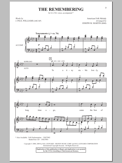 Joseph M. Martin The Remembering sheet music notes and chords arranged for SATB Choir