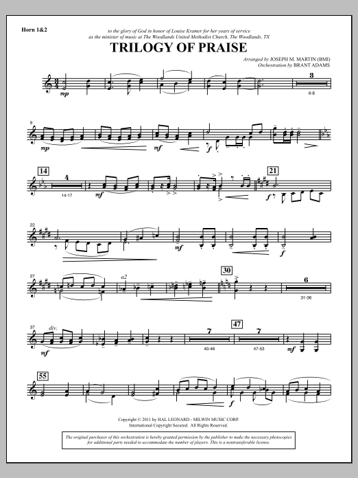 Joseph M. Martin Trilogy Of Praise - F Horn 1,2 sheet music notes and chords arranged for Choir Instrumental Pak