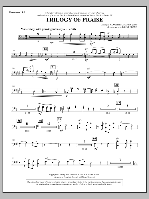 Joseph M. Martin Trilogy Of Praise - Trombone 1 & 2 sheet music notes and chords arranged for Choir Instrumental Pak