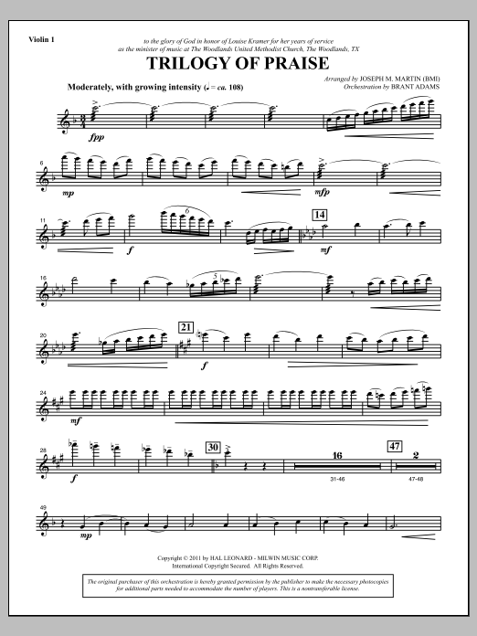 Joseph M. Martin Trilogy Of Praise - Violin 1 sheet music notes and chords arranged for Choir Instrumental Pak
