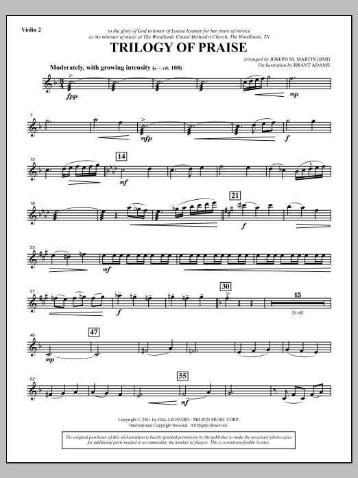 Joseph M. Martin Trilogy Of Praise - Violin 2 sheet music notes and chords arranged for Choir Instrumental Pak