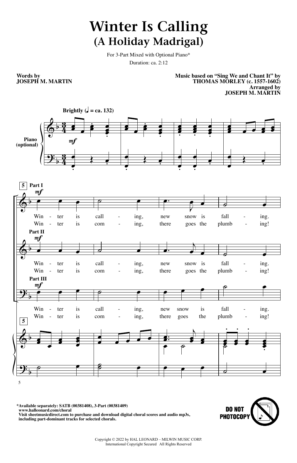 Joseph M. Martin Winter Is Calling (A Holiday Madrigal) sheet music notes and chords arranged for SATB Choir