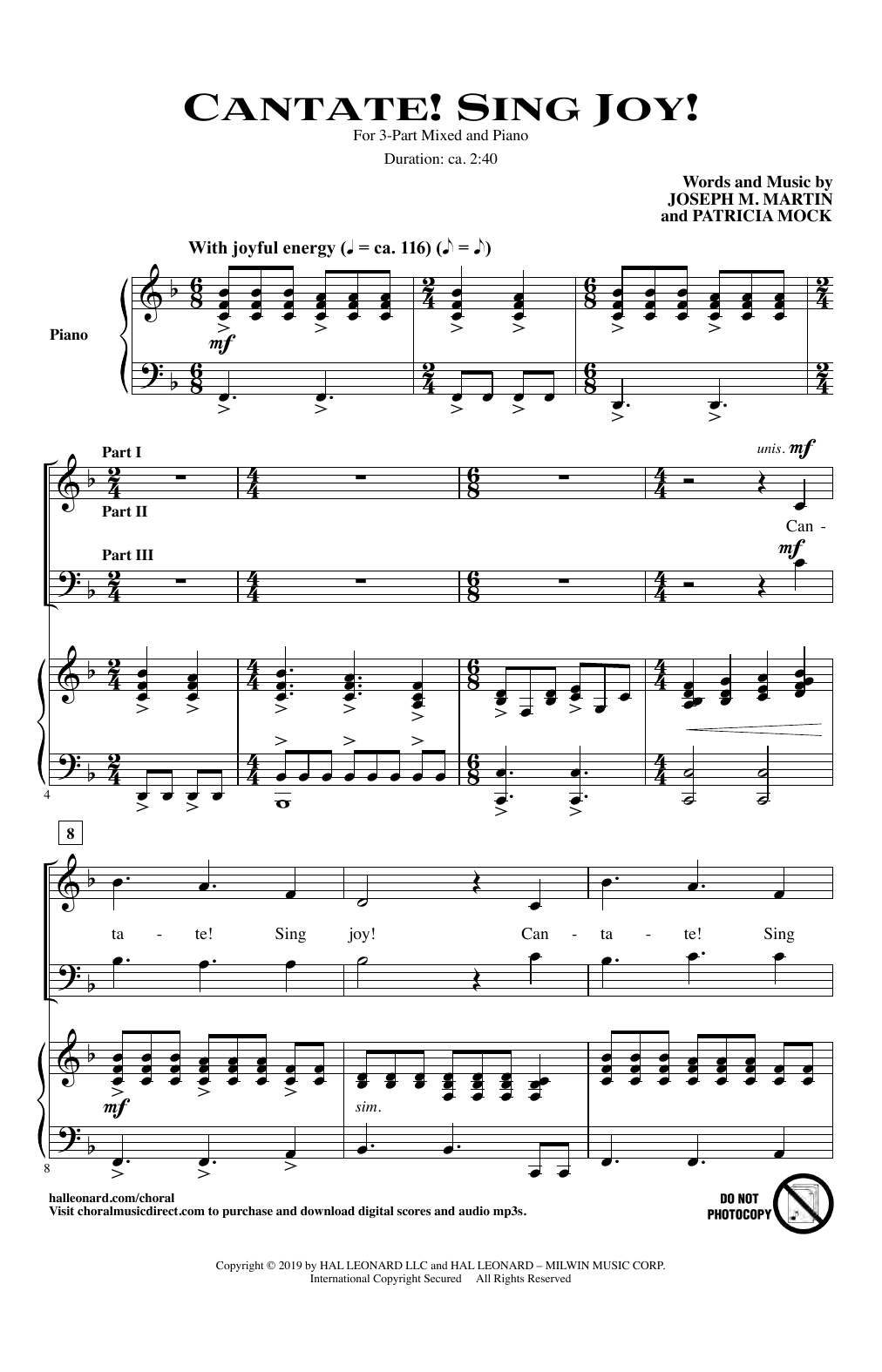 Joseph Martin & Patricia Mock Cantate! Sing Joy! sheet music notes and chords arranged for 3-Part Mixed Choir