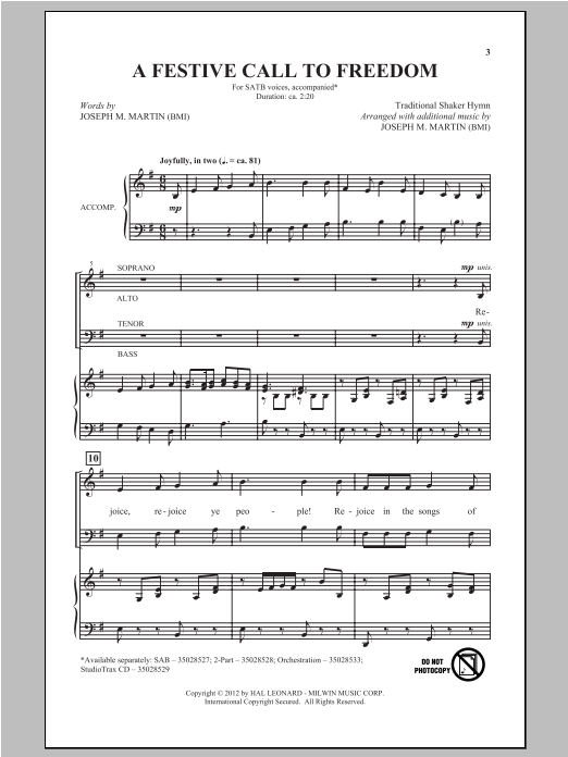 Joseph Martin A Festive Call To Freedom sheet music notes and chords arranged for SAB Choir