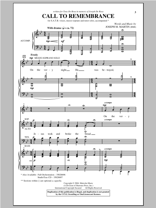 Joseph Martin Call To Remembrance sheet music notes and chords arranged for SATB Choir