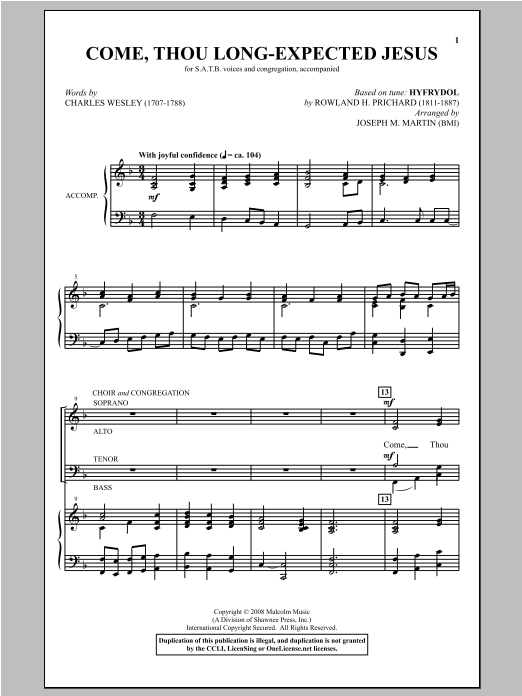 Joseph Martin Come, Thou Long-Expected Jesus (from Carols For Choir And Congregation) sheet music notes and chords arranged for SATB Choir
