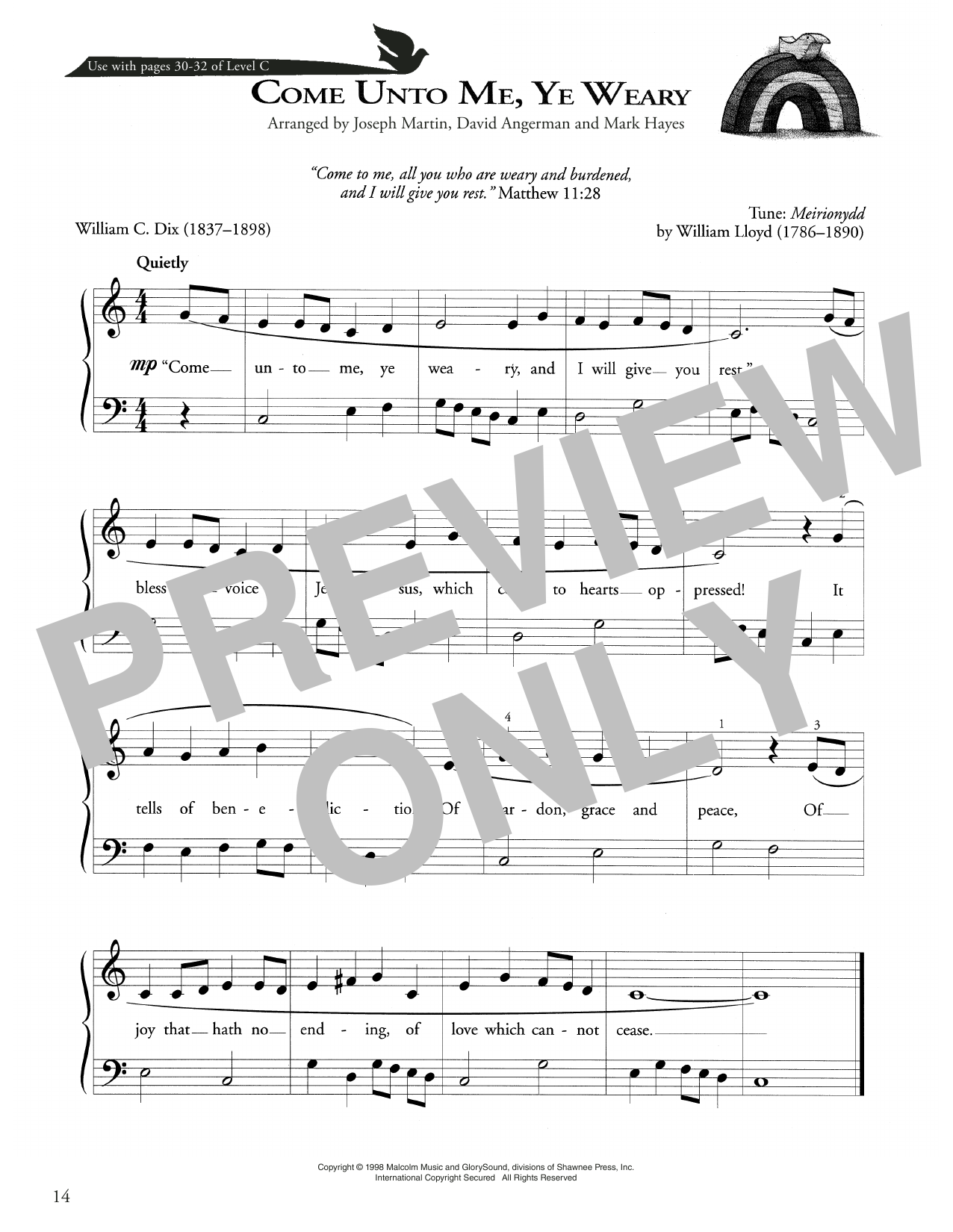Joseph Martin, David Angerman and Mark Hayes Come To Me, Ye Weary sheet music notes and chords arranged for Piano Method