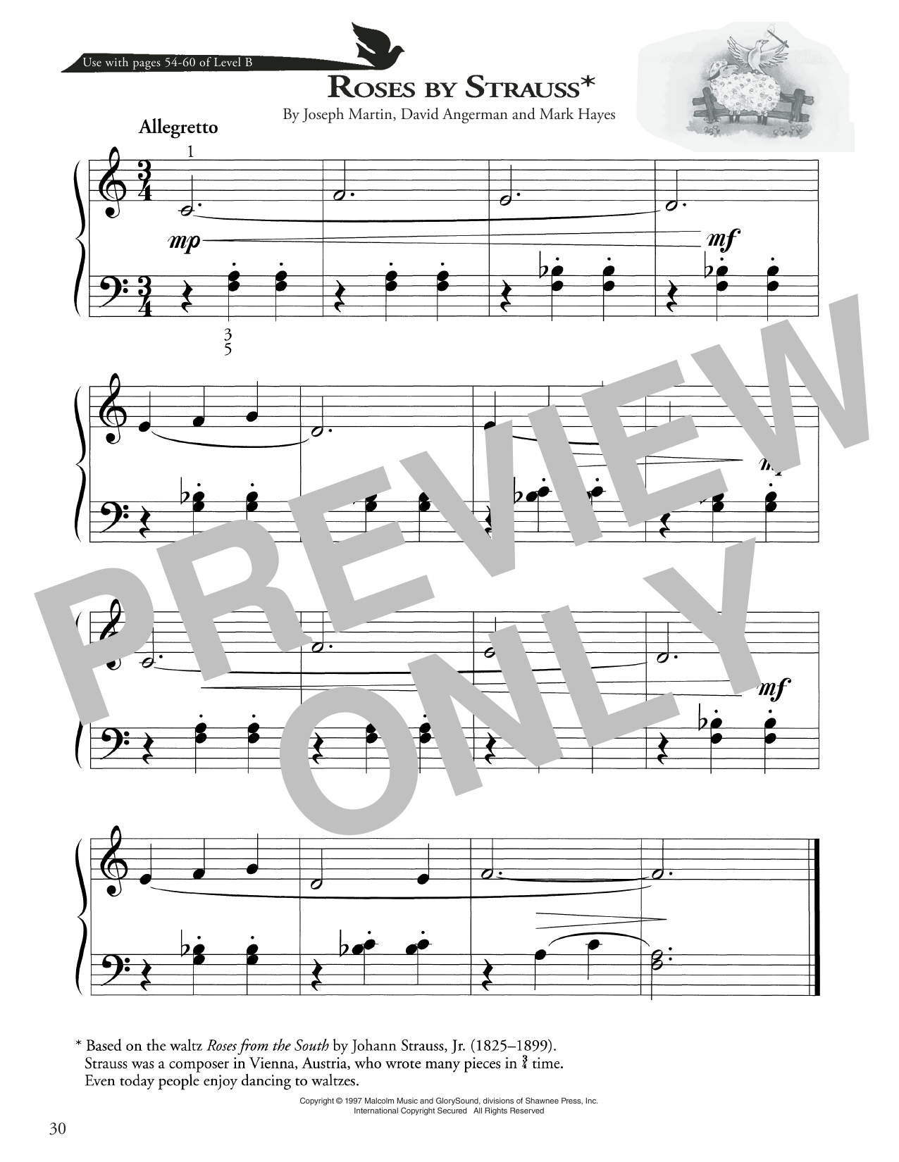 Joseph Martin, David Angerman and Mark Hayes Roses By Strauss sheet music notes and chords arranged for Piano Method