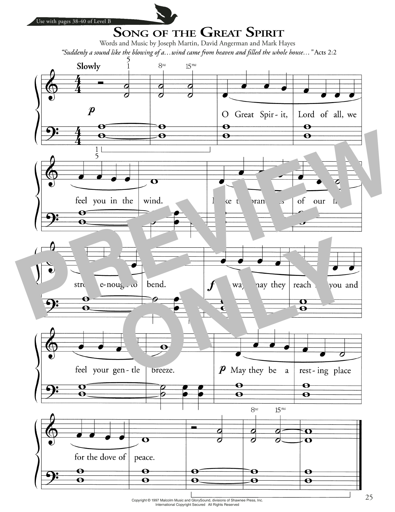 Joseph Martin, David Angerman and Mark Hayes Song Of The Great Spirit sheet music notes and chords arranged for Piano Method
