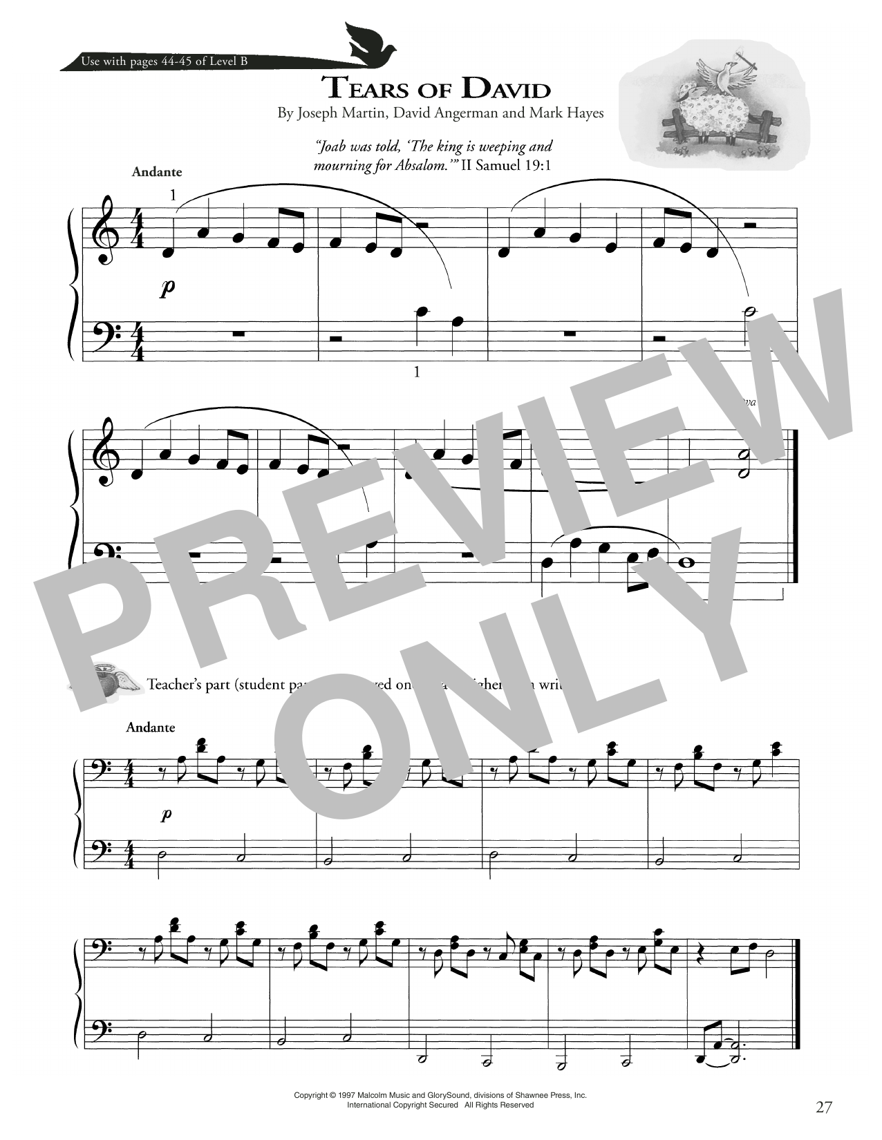 Joseph Martin, David Angerman and Mark Hayes Tears Of David sheet music notes and chords arranged for Piano Method