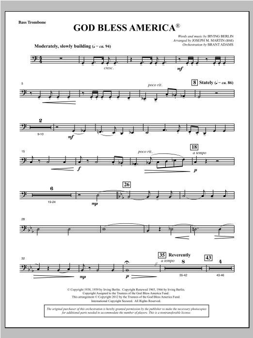 Joseph Martin God Bless America - Bass Trombone sheet music notes and chords arranged for Choir Instrumental Pak