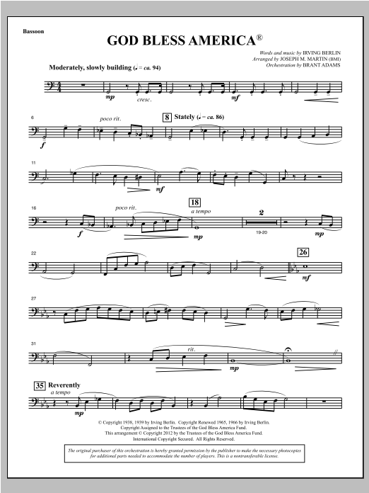 Joseph Martin God Bless America - Bassoon sheet music notes and chords arranged for Choir Instrumental Pak