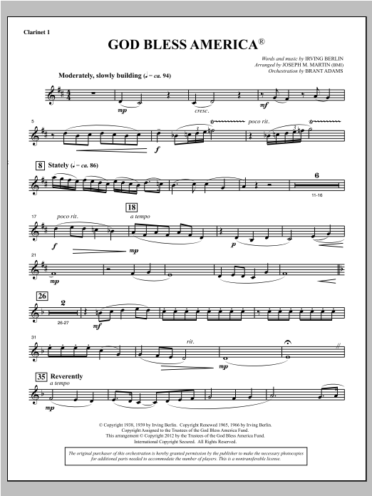 Joseph Martin God Bless America - Bb Clarinet 1 sheet music notes and chords arranged for Choir Instrumental Pak