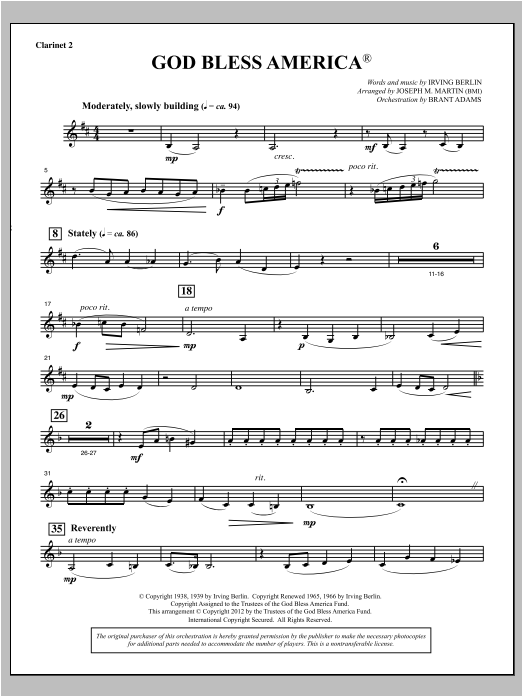 Joseph Martin God Bless America - Bb Clarinet 2 sheet music notes and chords arranged for Choir Instrumental Pak
