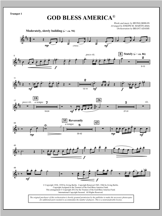 Joseph Martin God Bless America - Bb Trumpet 1 sheet music notes and chords arranged for Choir Instrumental Pak